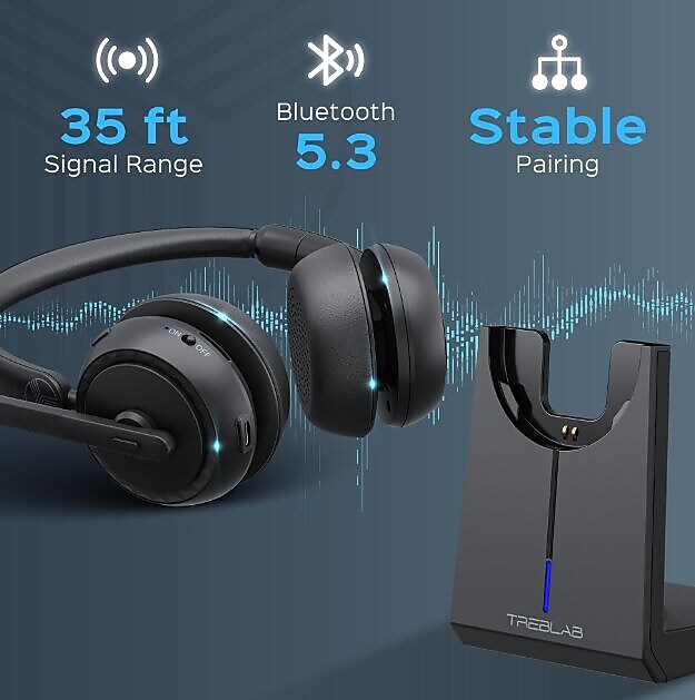 Treblab C7-Pro Noise Canceling Bluetooth Stereo Computer Headset, Black