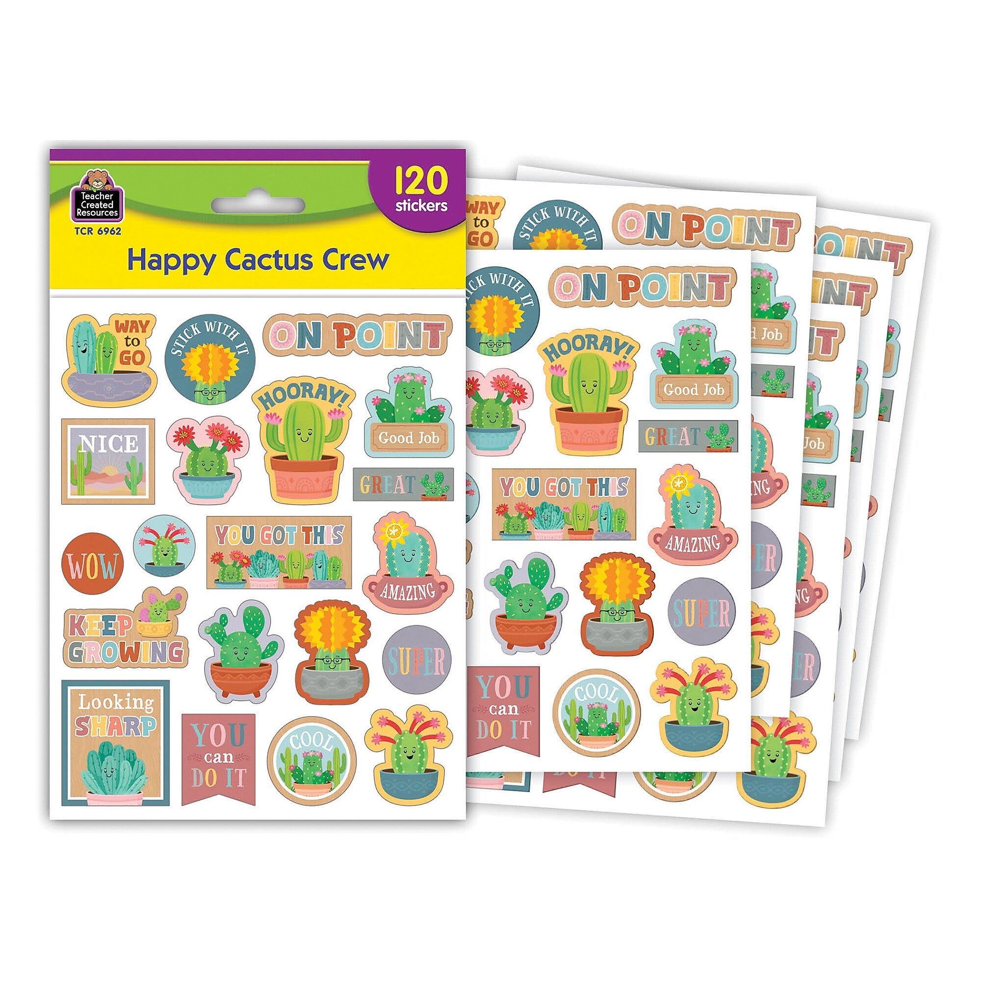 Teacher Created Resources Happy Cactus Crew Stickers, Multicolored, 120/Pack, 12/Packs/Bundle (TCR6962-12)