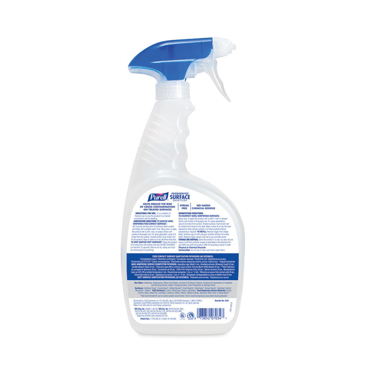 Foodservice Surface Sanitizer, Fragrance Free, 32 oz Capped Bottle with Spray Trigger Included in Carton, 6/Carton