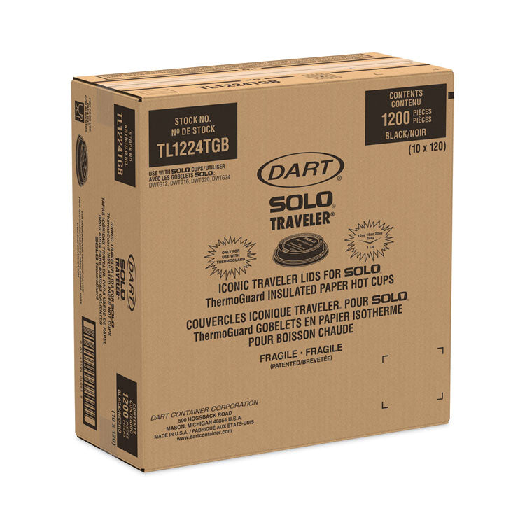 Solo Traveler Sip Through Lids for ThermoGuard Hot Cups, Fits 12 oz to 24 oz Hot Cups, Plastic, Black, 1,200/Carton
