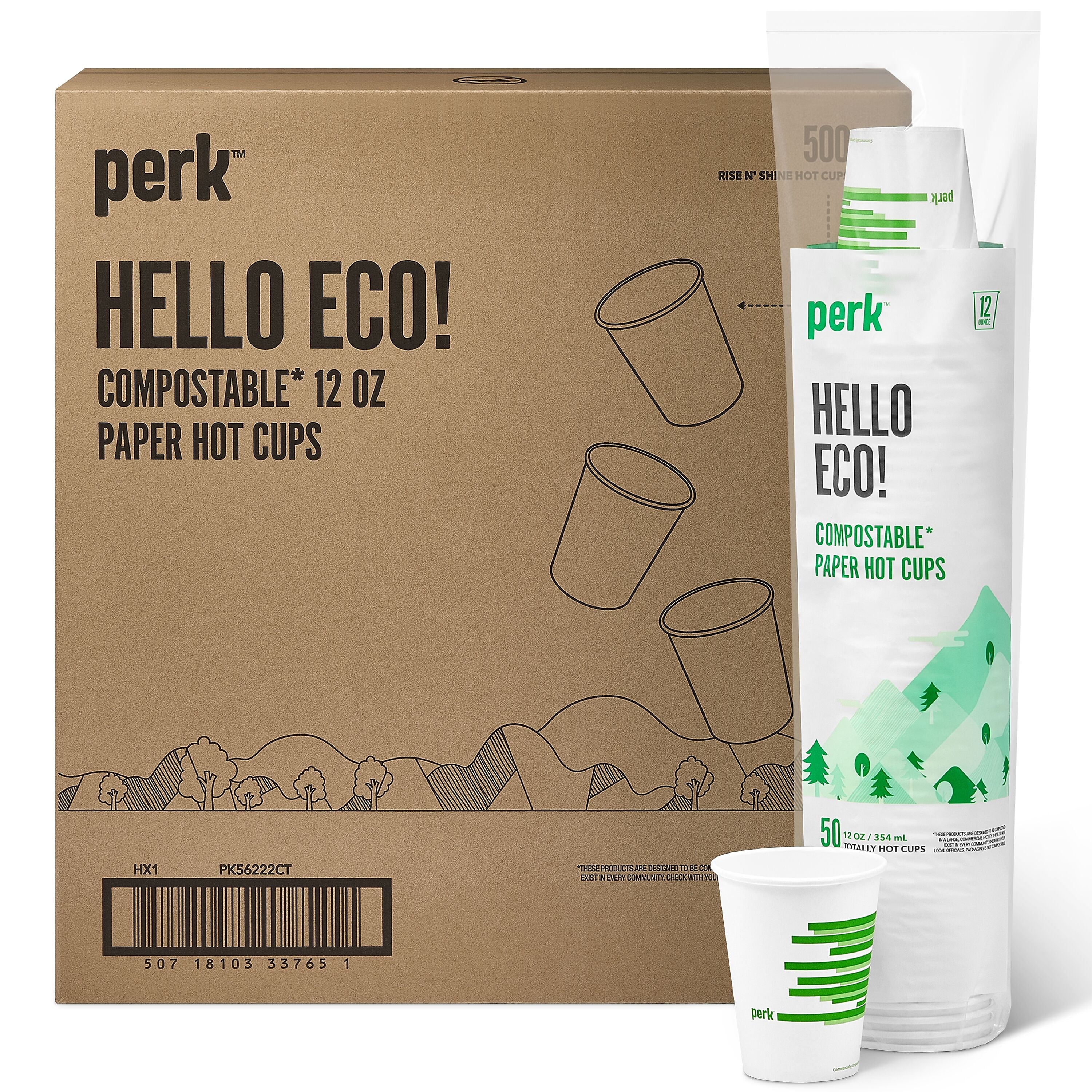 Perk™ Eco Compostable Paper Hot Cup, 12 Oz., White/Green, 500/Carton (PK56222CT)