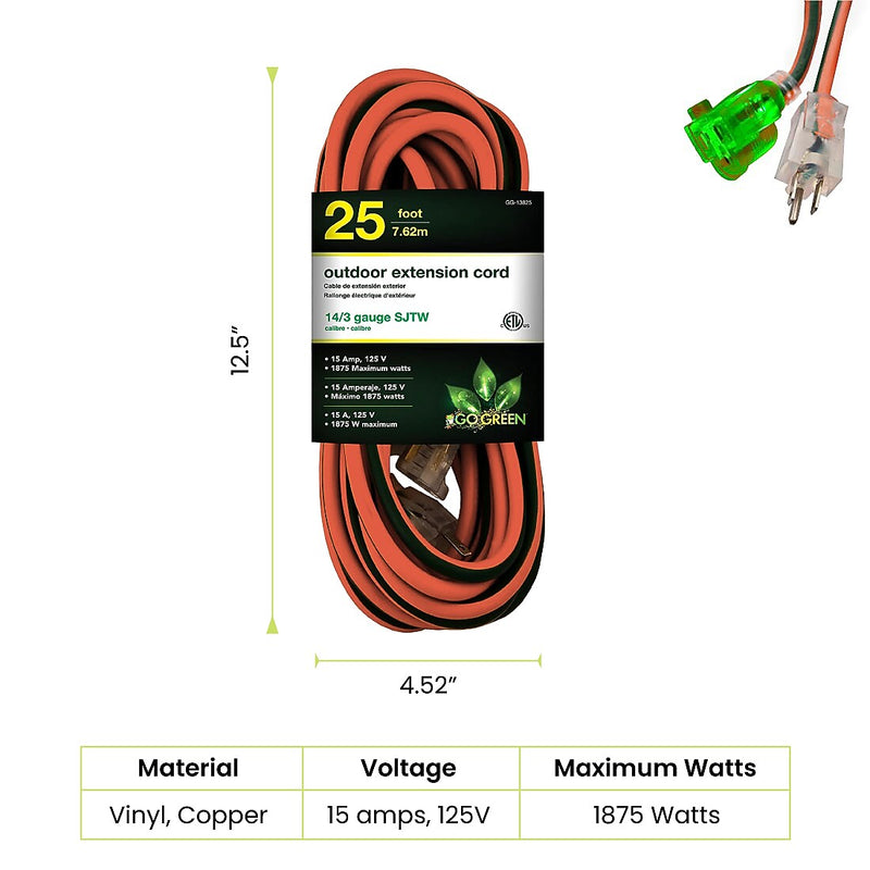 GoGreen Power 25' Indoor/Outdoor Extension Cord, 14 AWG, Orange (GG-13825)