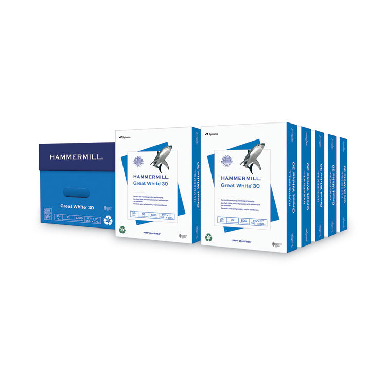 Great White 30 Recycled Print Paper, 92 Bright, 20 lb Bond Weight, 8.5 x 11, White, 500 Sheets/Ream, 10 Reams/Carton