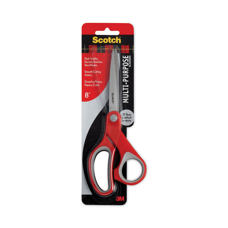 Multi-Purpose Scissors, 8" Long, 3.38" Cut Length, Straight Gray/Red Handle