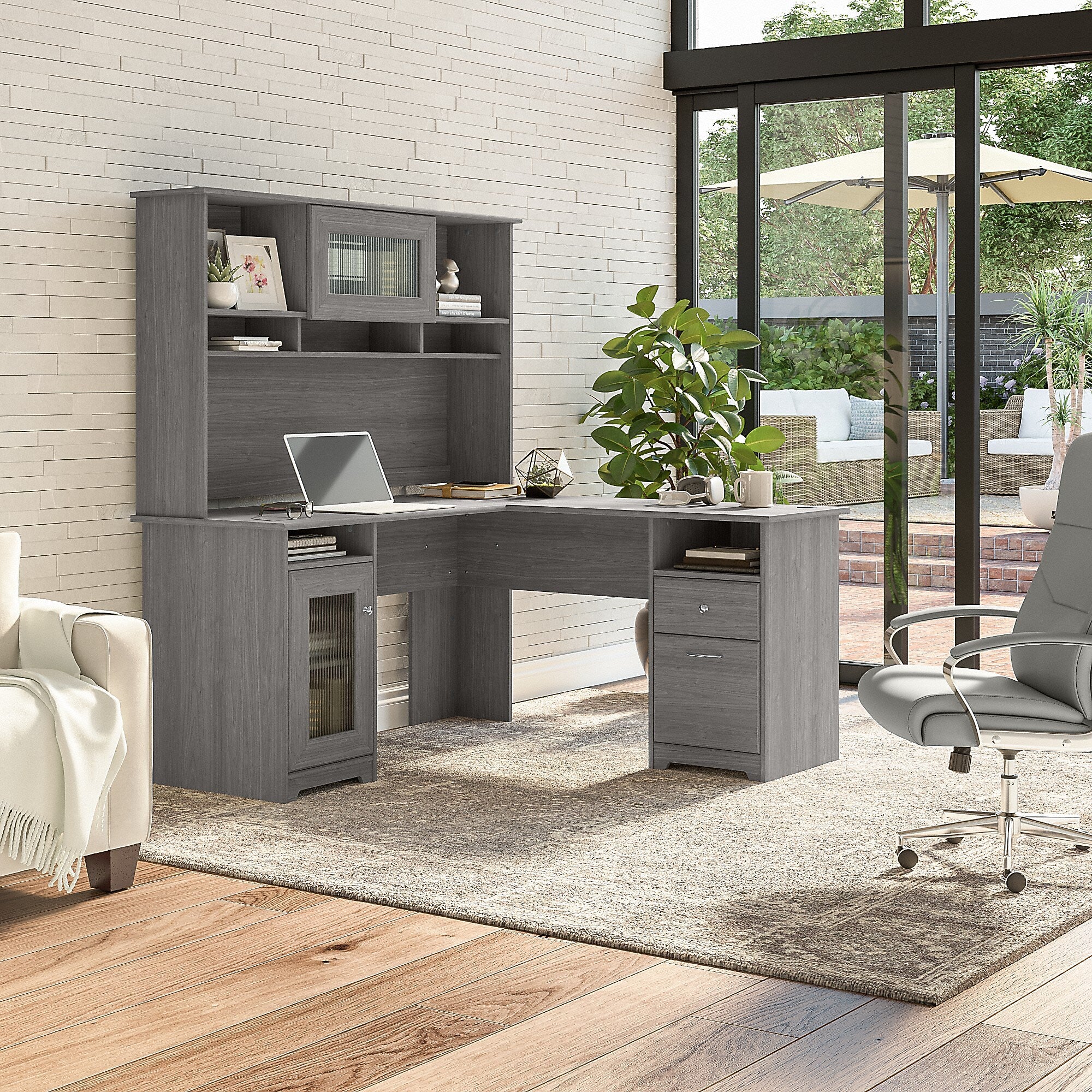 Bush Furniture Cabot 60"W L Shaped Computer Desk with Hutch and Storage, Modern Gray (CAB001MG)