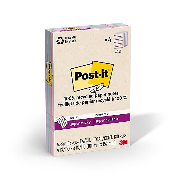 Post-it Recycled Super Sticky Notes, 4" x 6", Wanderlust Pastels Collection, 45 Sheets/Pad, 4 Pads/Pack (4621R-4SSNRP)