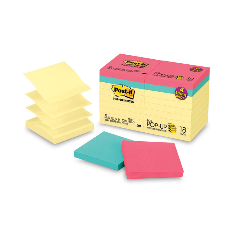 Original Pop-up Notes Value Pack, 3 x 3, (14) Canary Yellow, (4) Poptimistic Collection Colors, 100 Sheets/Pad, 18 Pads/Pack