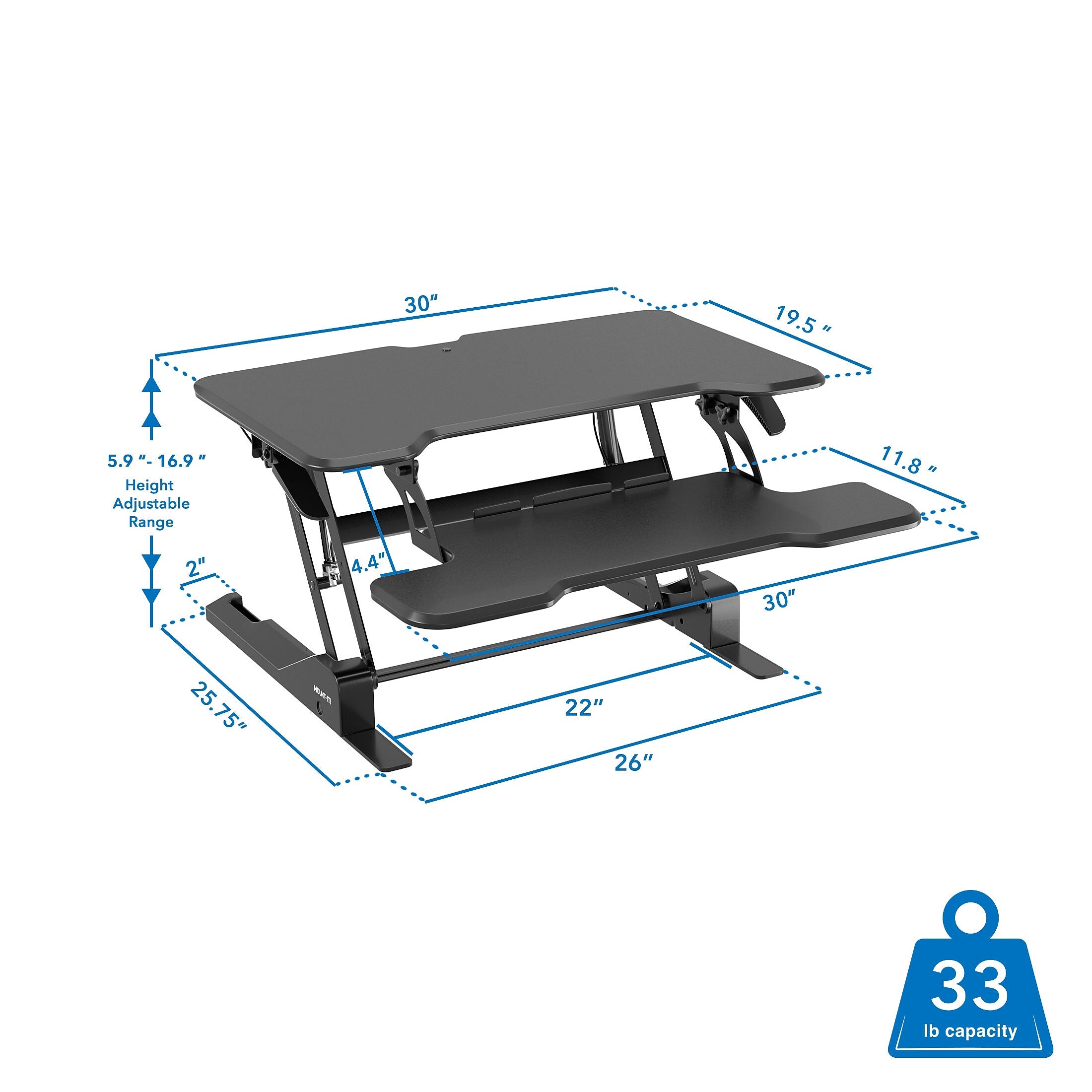 Mount-It! 30"W Manual Rectangular Adjustable Standing Desk Converter, Black (MI-15009S)