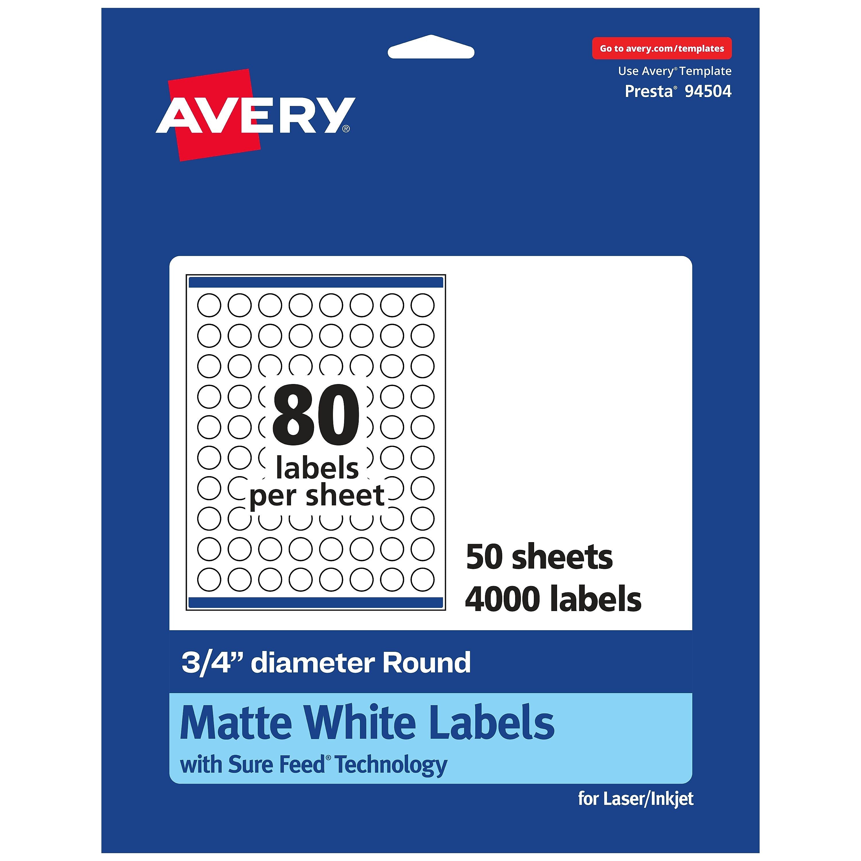 Avery Laser/Inkjet Round Multipurpose Labels, 0.75" Dia, Matte White, 4,000 Labels/Box (94504)