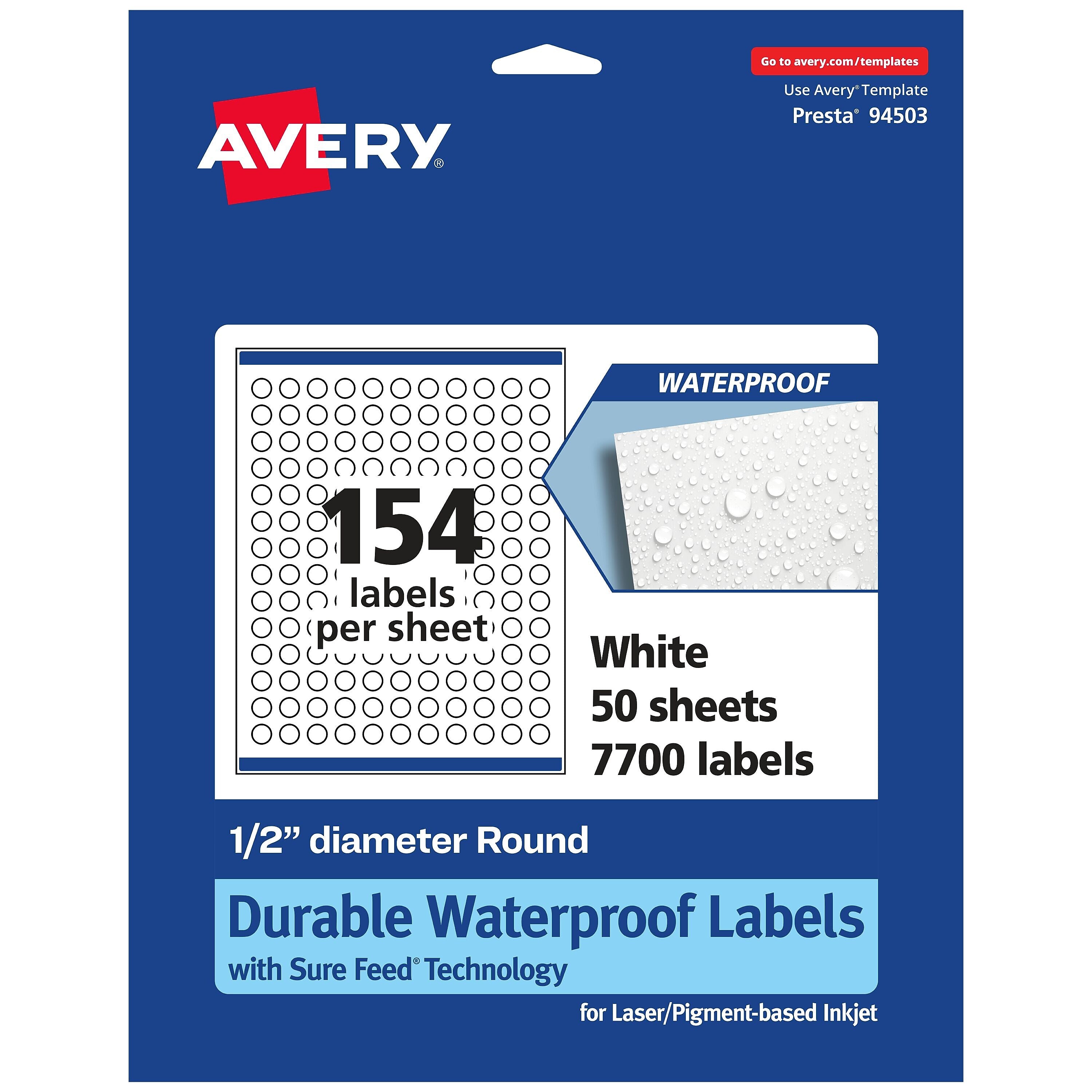 Avery Laser/Inkjet Round Multipurpose Labels, 0.5" Dia., White, 7,700 Labels/Box (94503)