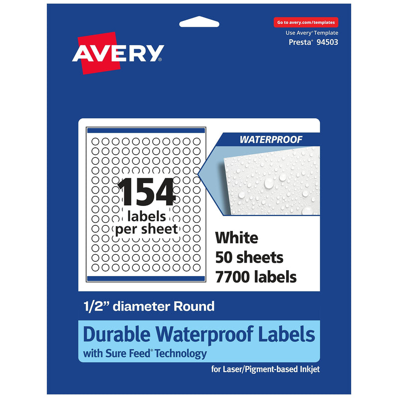 Avery Laser/Inkjet Round Multipurpose Labels, 0.5" Dia., White, 7,700 Labels/Box (94503)