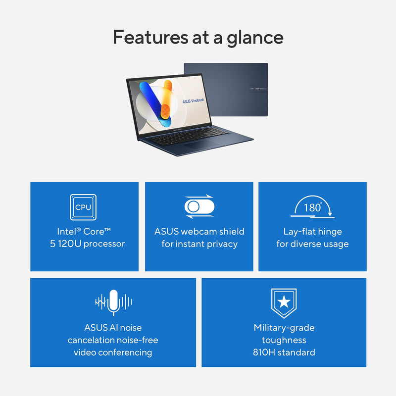 ASUS Vivobook 17 FHD 17.3" Laptop, Intel Core 5 120U, 16GB RAM, 512GB SSD, Backlit Keyboard, Windows 11