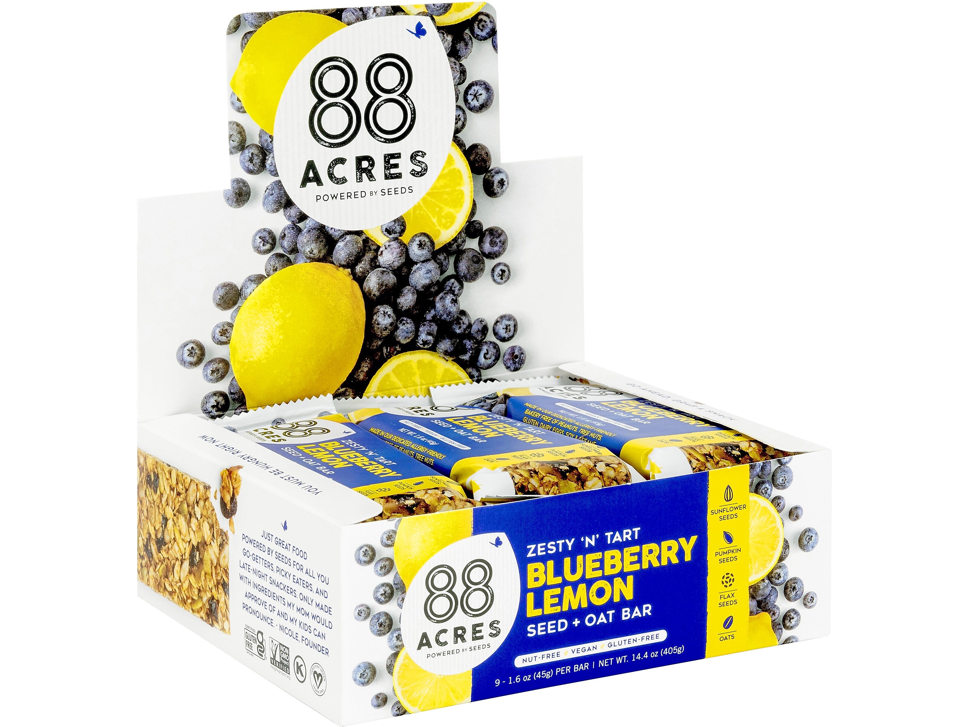 88 Acres Warm 'N' Chewy Gluten-Free Blueberry/Lemon Seed and Oat Bar, 1.6 oz., 9 Bars/Box (315104)