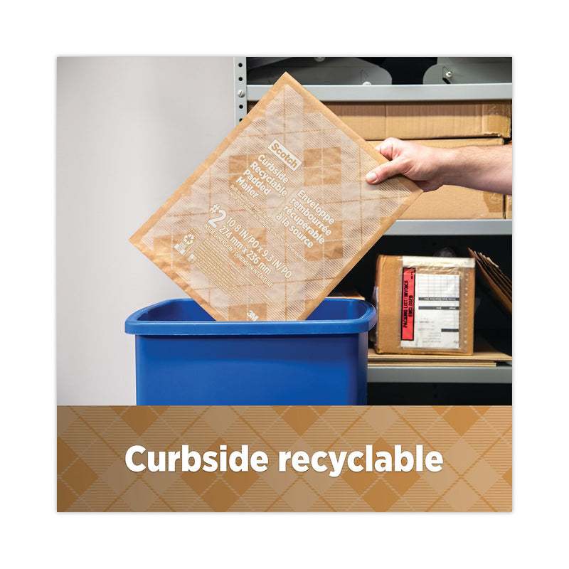 Scotch Curbside Recyclable Padded Mailer, #0, Bubble Cushion, Self-Adhesive Closure, 7 x 11.25, Natural Kraft, 100/Carton