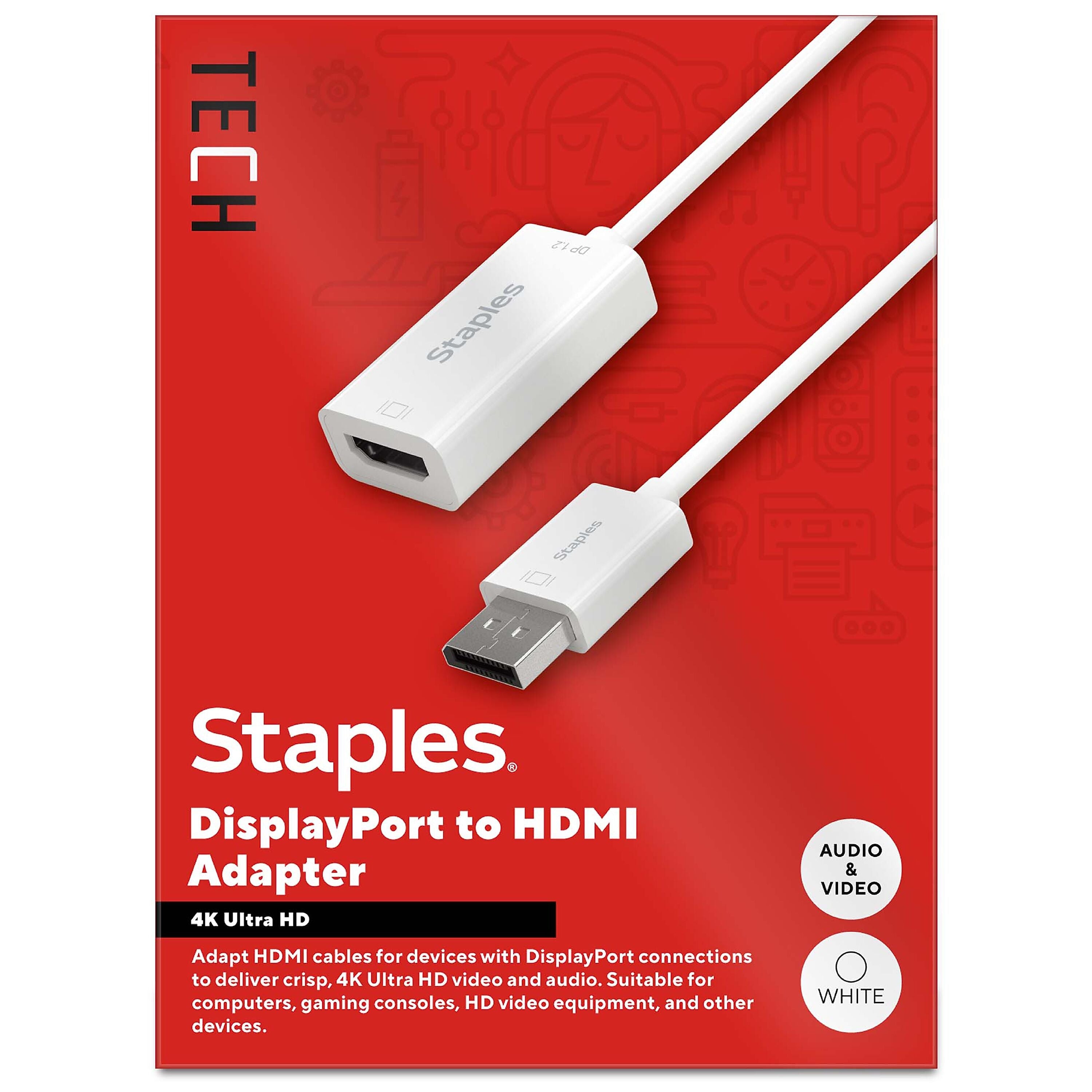 Staples TECH DisplayPort to HDMI Audio/Video Adapter, Male to Female, White (ST62362)