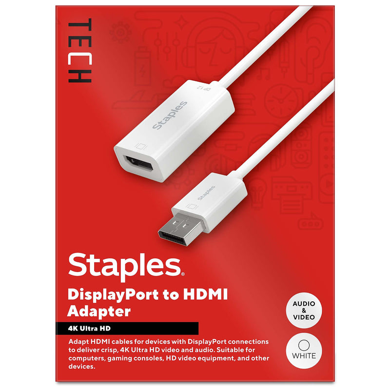 Staples TECH DisplayPort to HDMI Audio/Video Adapter, Male to Female, White (ST62362)