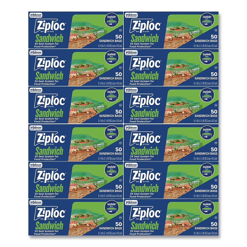 Ziploc Double Zipper Sandwich Bag, Clear, 50 Bags/Box, 12 Boxes/Carton (383179)