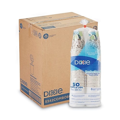 Dixie PerfecTouch Paper Hot Cups and Lids Combo, 12 oz, Multicolor, 50/Pack, 6/Packs/Carton (DXE5342COMBO6CT)