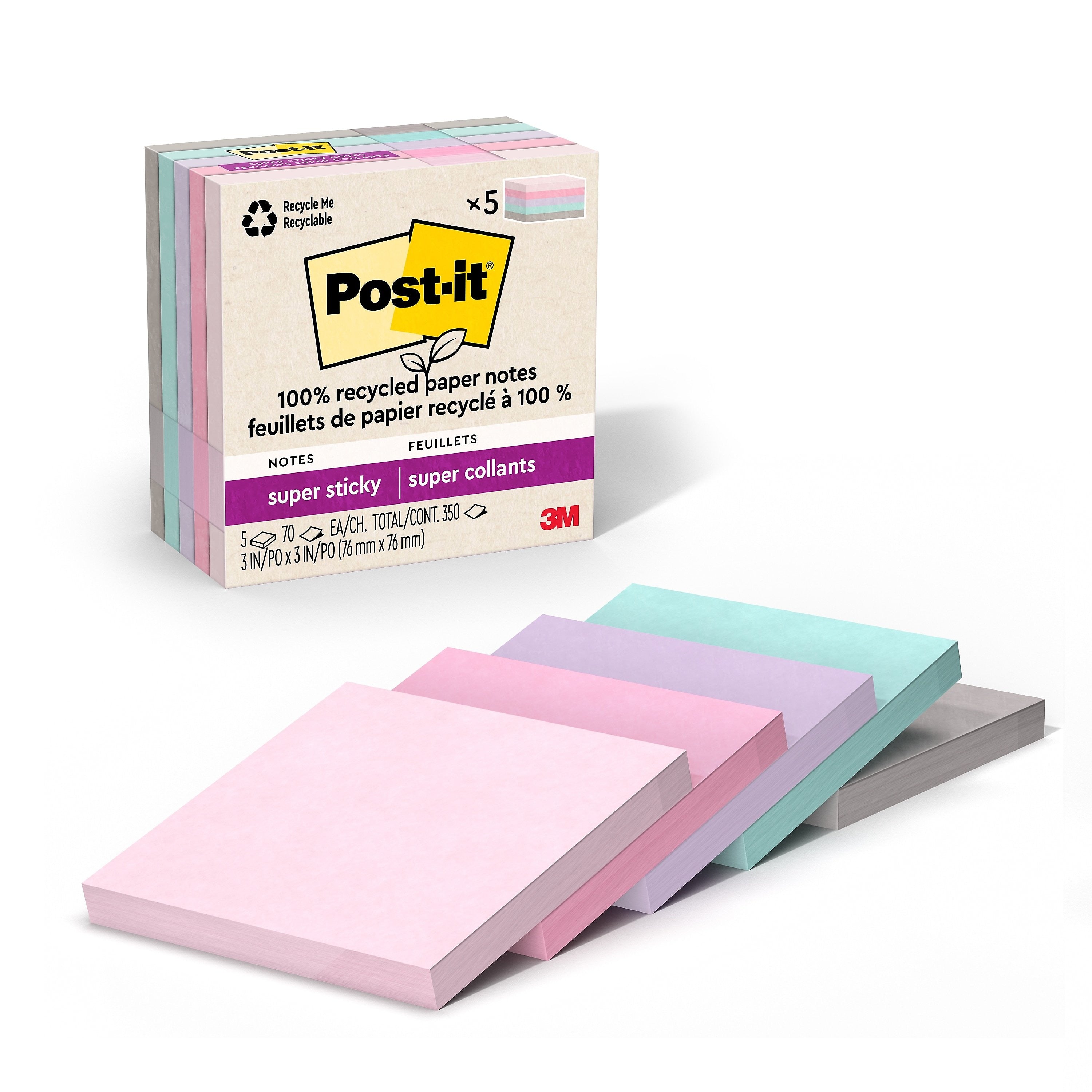 Post-it Recycled Super Sticky Notes, 3" x 3", Wanderlust Pastels Collection, 70 Sheets/Pad, 5 Pads/Pack (654R-5SSNRP)
