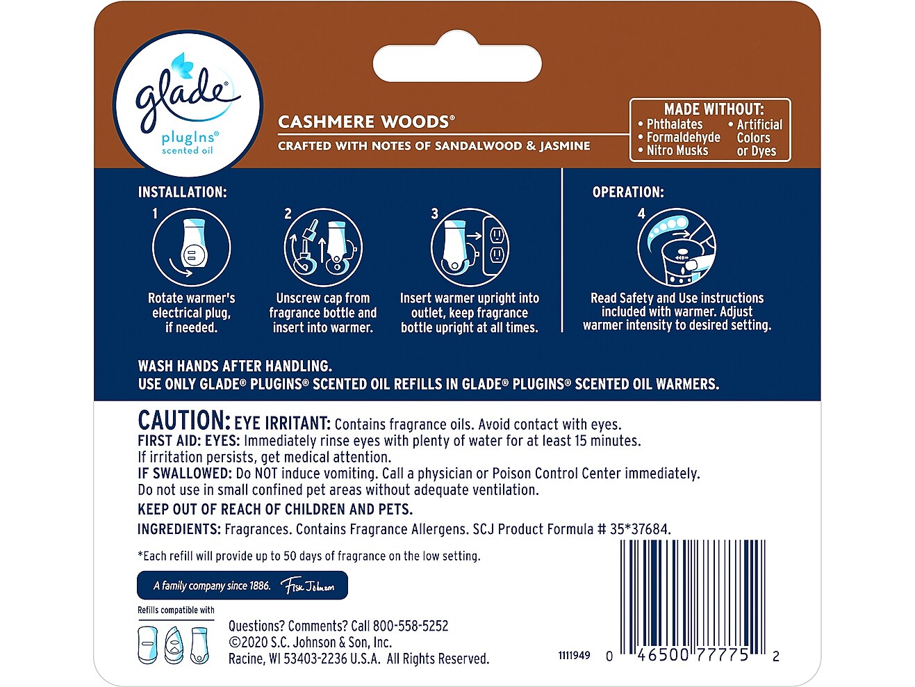 Glade PlugIns Scented Oil Diffuser Refill, Cashmere Woods, 0.67 fl. oz, 5/Pack (322828)