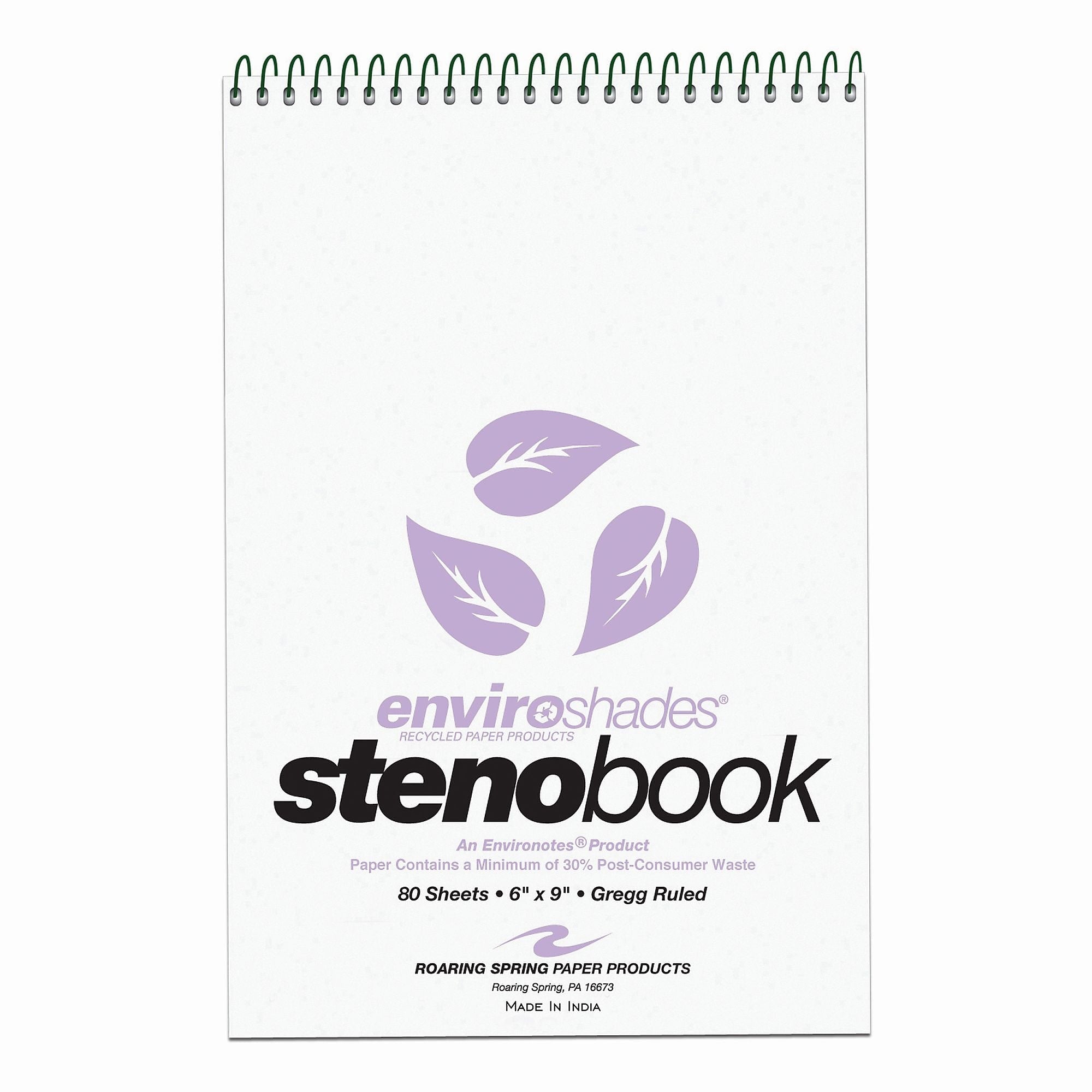 Roaring Spring Enviroshades Steno Notebook, 6" x 9", 80 Sheets/Pad, Gregg Ruled, Recycled Orchid Paper, 4 Bks/Pk (12264)