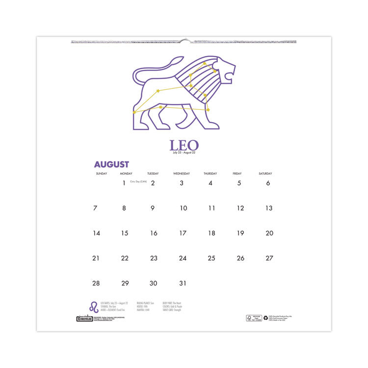 Recycled Academic Zodiac Wall Calendar, 11 x 14, Multicolor Sheets, 12-Month (Aug to July): 2025 to 2026