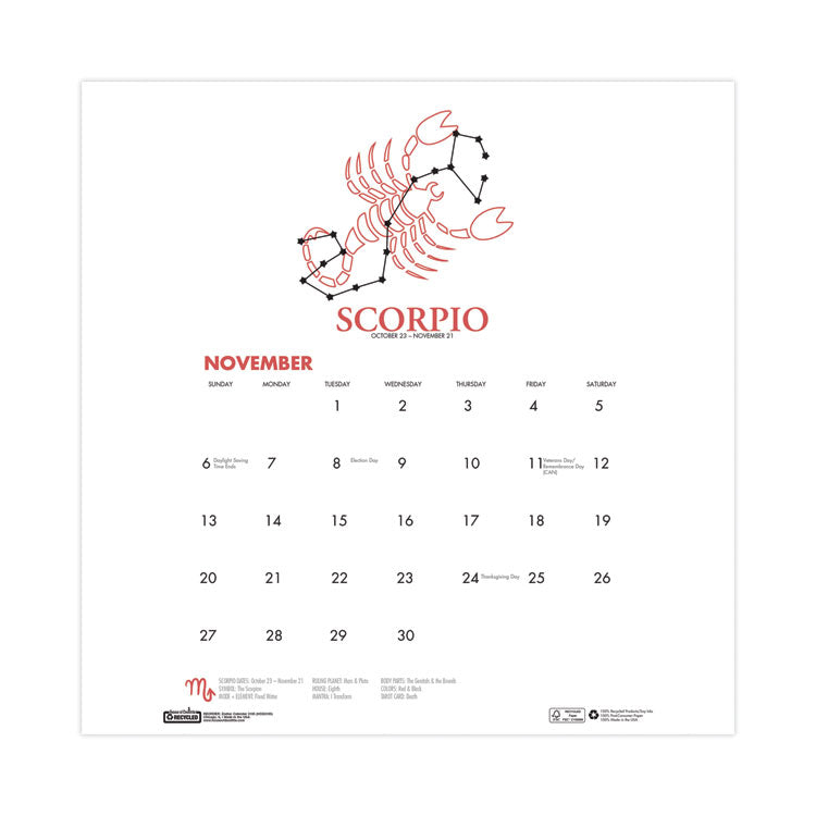 Recycled Academic Zodiac Wall Calendar, 11 x 14, Multicolor Sheets, 12-Month (Aug to July): 2025 to 2026