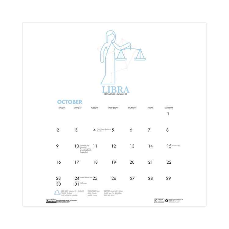 Recycled Academic Zodiac Wall Calendar, 11 x 14, Multicolor Sheets, 12-Month (Aug to July): 2025 to 2026