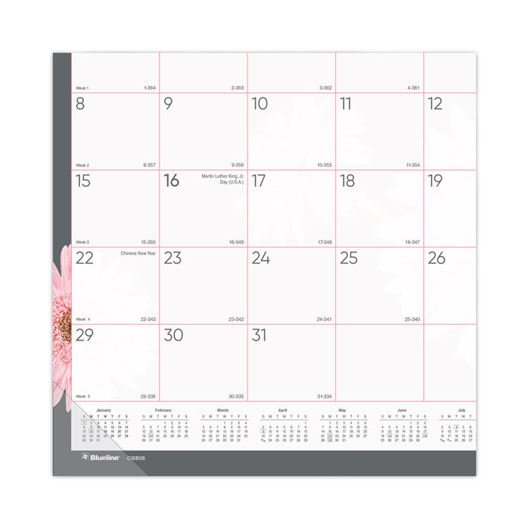 Monthly Desk Pad Calendar, Pink Daisy Artwork, 22 x 17, Pink/White Sheets, Black Binding, 12-Month (Jan to Dec): 2025