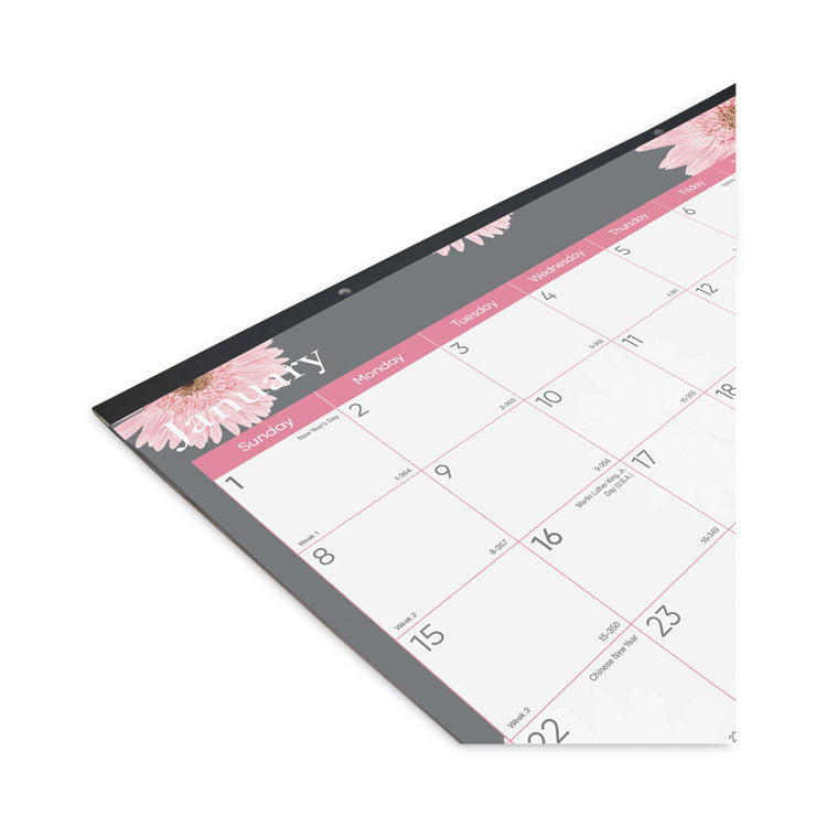 Monthly Desk Pad Calendar, Pink Daisy Artwork, 22 x 17, Pink/White Sheets, Black Binding, 12-Month (Jan to Dec): 2025
