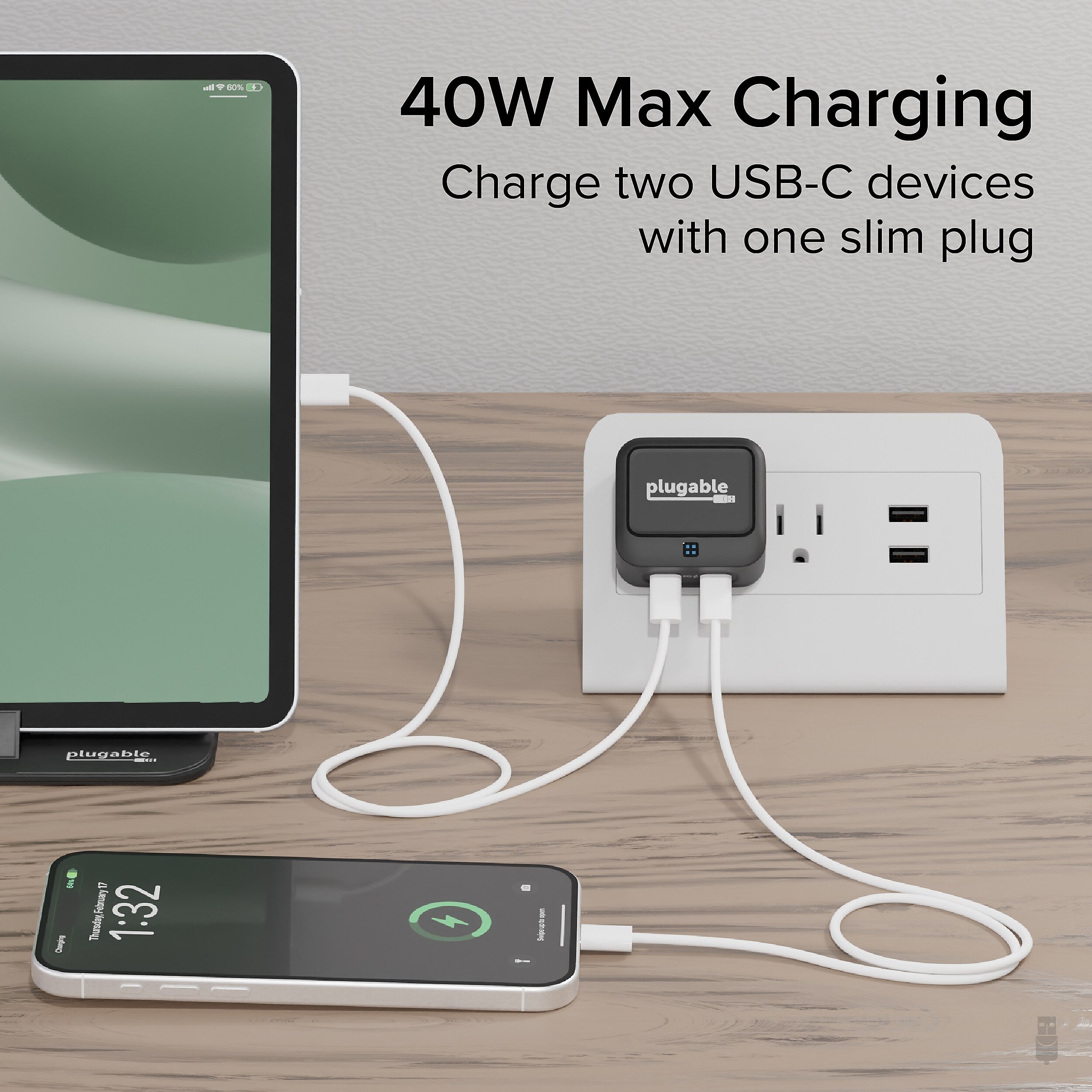 Plugable 40W Dual USB-C Wall Charger, Black (PS-40C2B)