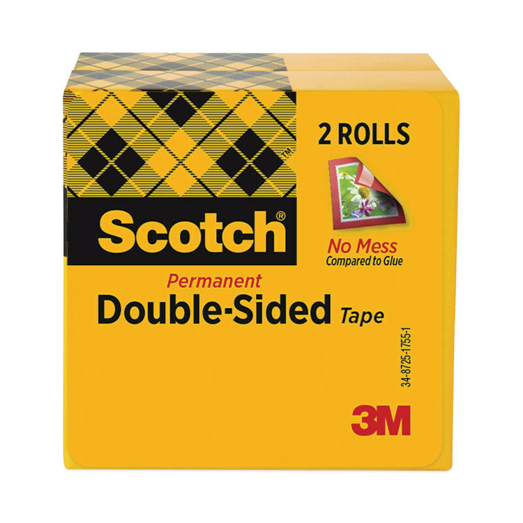 Double-Sided Tape, 3" Core, 0.5" X 36 Yds, Clear, 2/pack