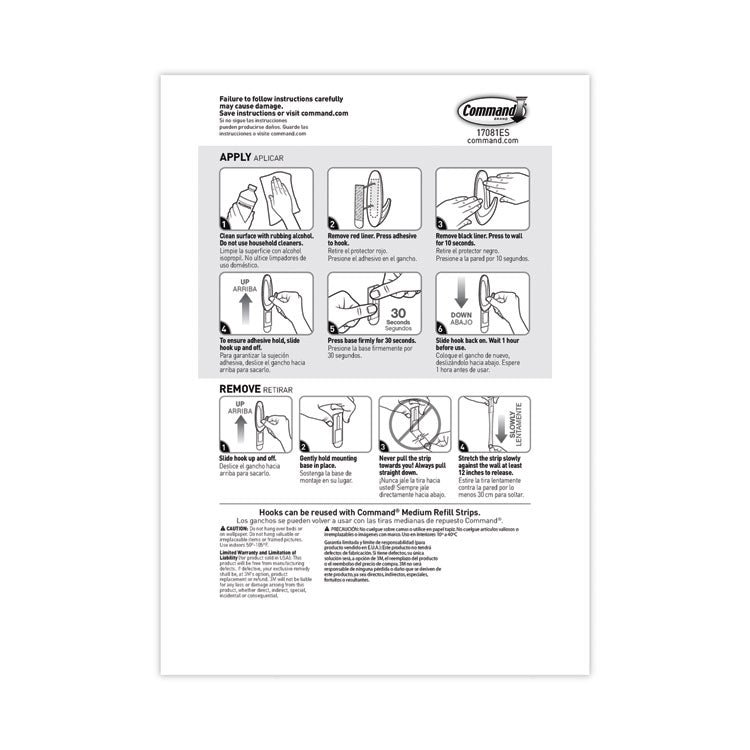 General Purpose Designer Hooks, Medium, Plastic, White, 3 lb Capacity, 50 Hooks and 50 Strips/Carton