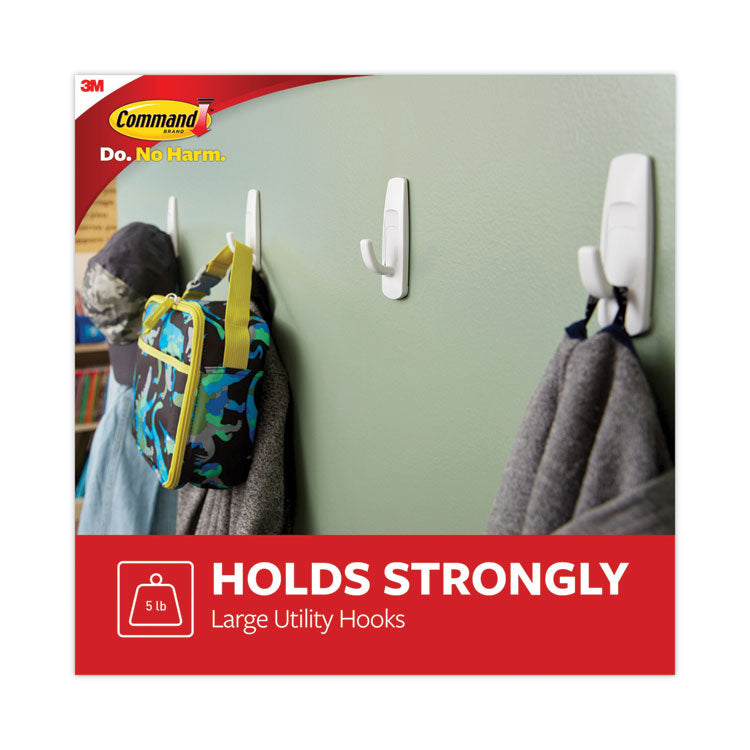 General Purpose Hooks Multi-Pack, Large, Plastic, White, 5 lb Capacity, 3 Hooks and 6 Strips/Pack
