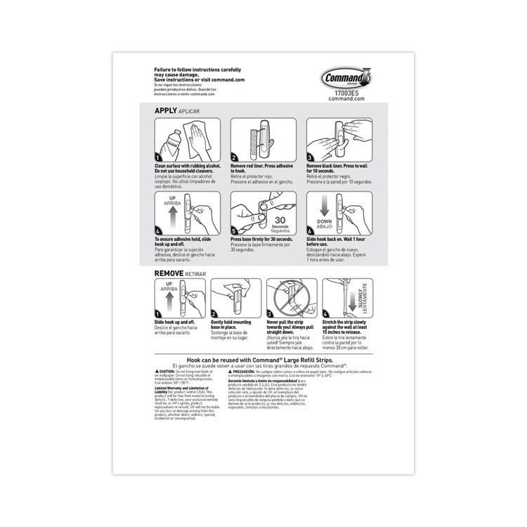 General Purpose Hooks Multi-Pack, Large, Plastic, White, 5 lb Capacity, 3 Hooks and 6 Strips/Pack