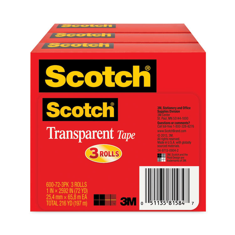 Transparent Tape, 3" Core, 1" X 72 Yds, Transparent, 3/pack