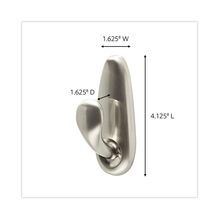 Adhesive Mount Metal Hook, Large, Brushed Nickel Finish, 5 lb Capacity, 1 Hook and 2 Strips/Pack