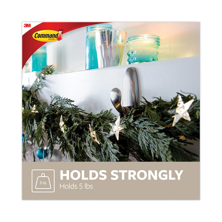 Adhesive Mount Metal Hook, Large, Brushed Nickel Finish, 5 lb Capacity, 1 Hook and 2 Strips/Pack