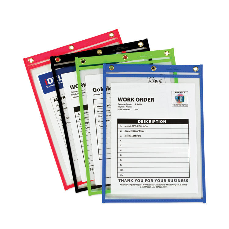 Super Heavyweight Plus Stitched Shop Ticket Holders, Top Load 9 x 12 Insert, Clear Front, Assorted Border Colors, 20/Box