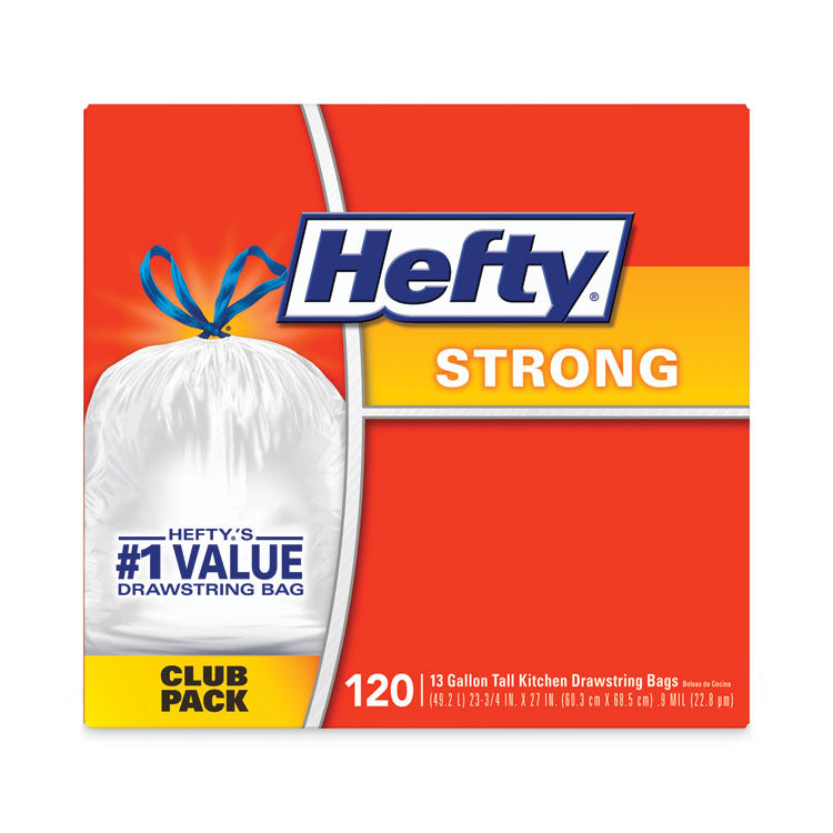 Strong Tall Kitchen Drawstring Bags, 13 gal, 23.75" x 27", White, 90 Bags/Box, 3 Boxes/Carton
