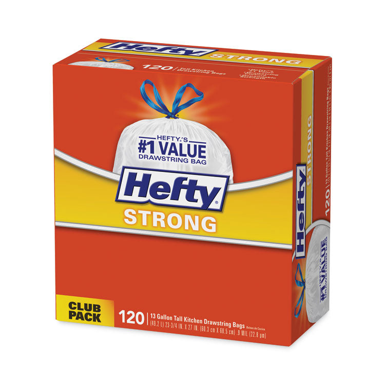 Strong Tall Kitchen Drawstring Bags, 13 gal, 23.75" x 27", White, 90 Bags/Box, 3 Boxes/Carton