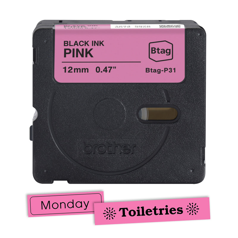Brother P-touch Btag Label Tape, 1/2" x 13.1’ (12mm x 4m), Black on Pink (BTAGP31)