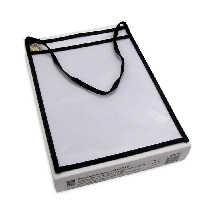 Stitched Shop Ticket Holders, 22" Hang Strap, Super Heavy-Duty, Top Load 9 x 12 Insert, Clear Front, Black Border, 15/Box