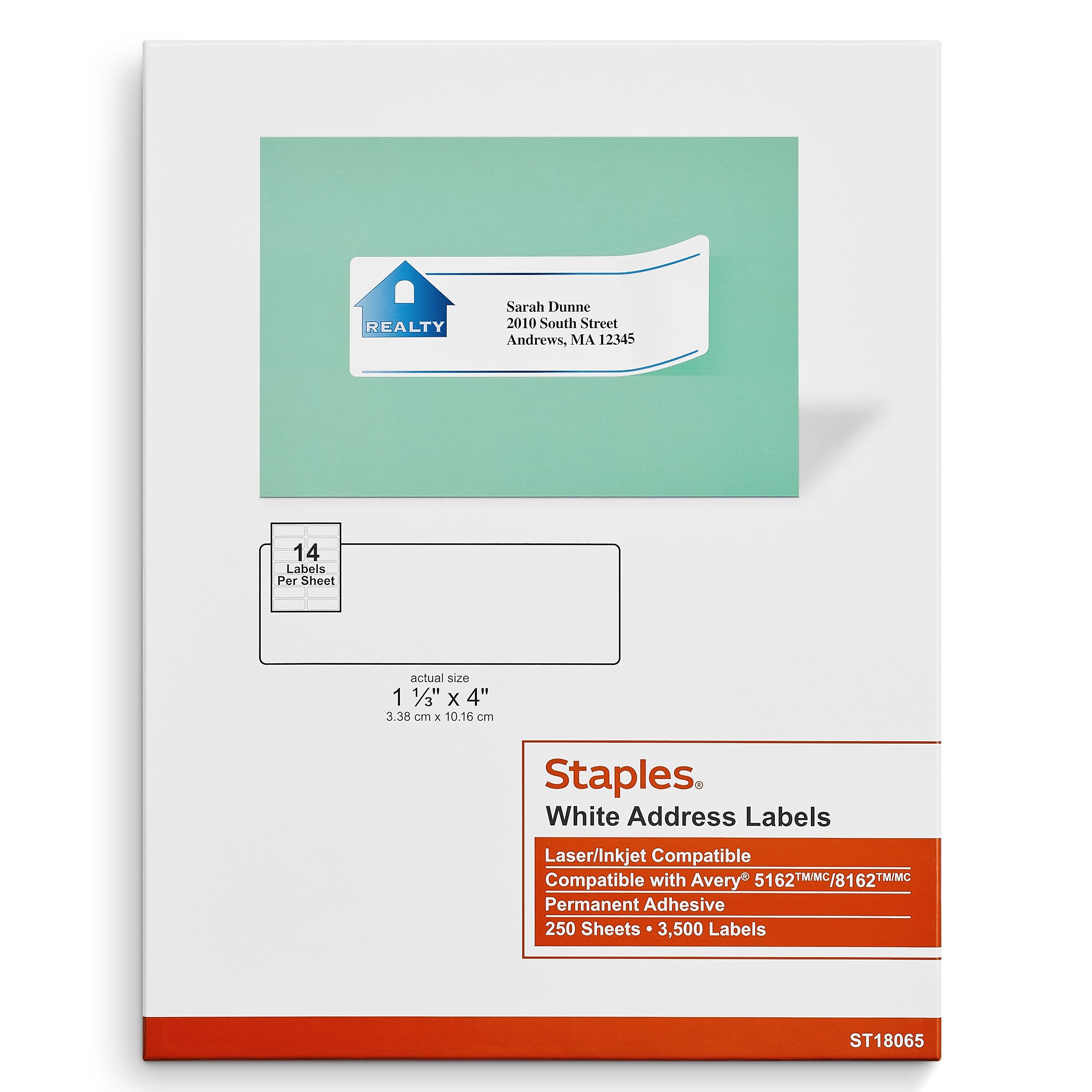 Staples Laser/Inkjet Address Labels, 1 1/3" x 4", White, 14 Labels/Sheet, 250 Sheets/Box, 3500 Labels/Box (ST18065-CC)