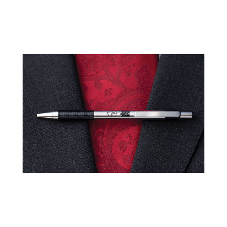 F-301 Ballpoint Pen, Retractable, Bold 1.6 mm, Black Ink, Stainless Steel/Black Barrel, 12/Pack