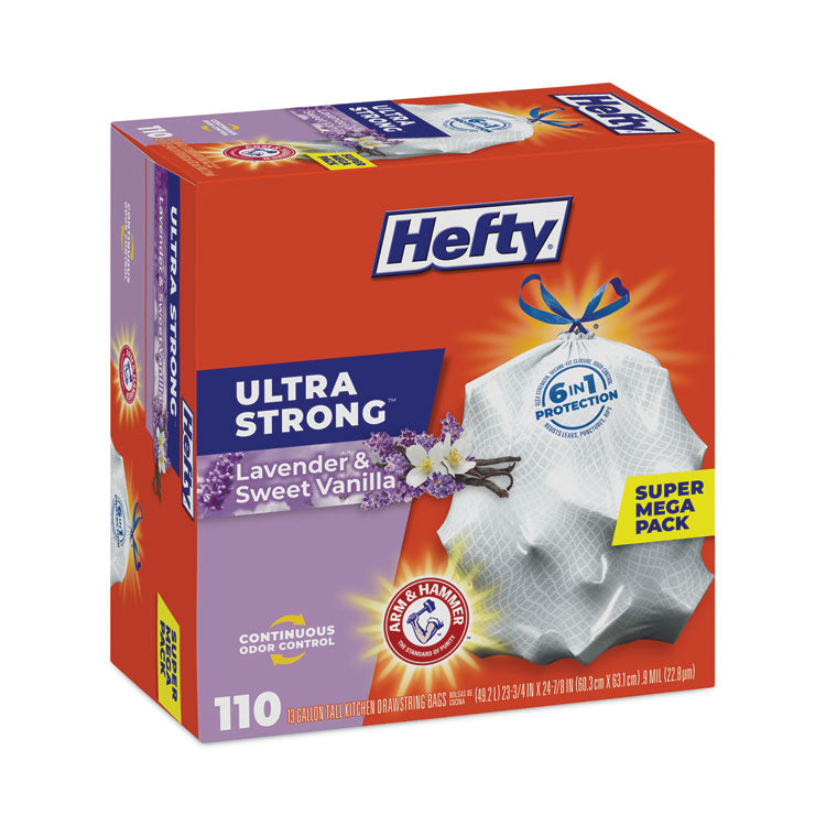 Extra Heavy-Duty Ultra Strong Scented Tall Kitchen Bags, Drawstring, 13 gal, Lavender/Vanilla, 23.75 x 24.88, White, 110/Box