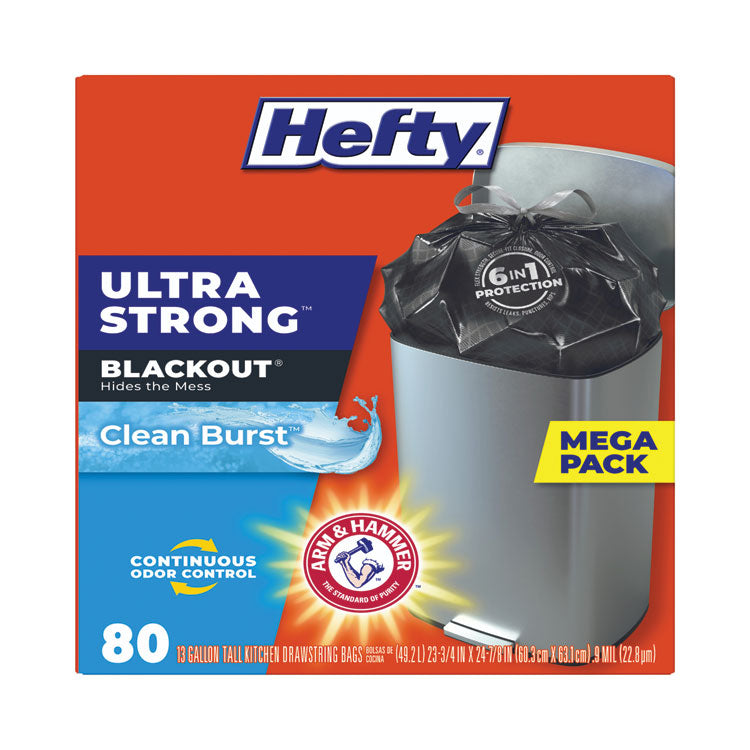 Ultra Strong BlackOut Tall-Kitchen Drawstring Bags, 13 gal, 23.75" x 24.88", Black, 80 Bags/Box, 3 Boxes/Carton