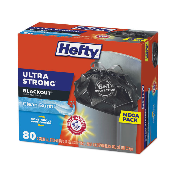 Ultra Strong BlackOut Tall-Kitchen Drawstring Bags, 13 gal, 23.75" x 24.88", Black, 80 Bags/Box, 3 Boxes/Carton
