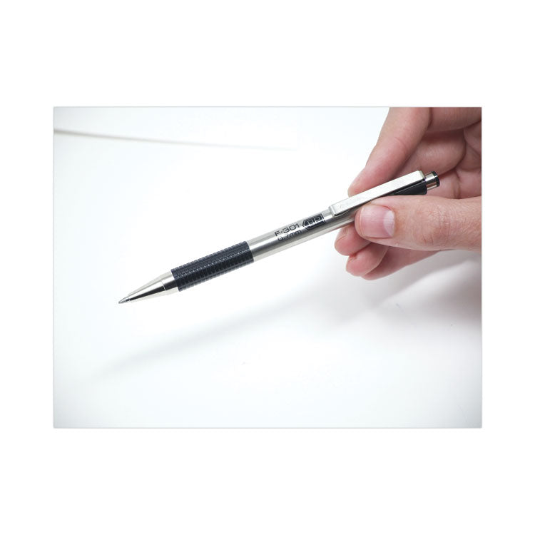 F-301 Ballpoint Pen, Retractable, Fine 0.7 mm, Black Ink, Stainless Steel/Black Barrel, Dozen