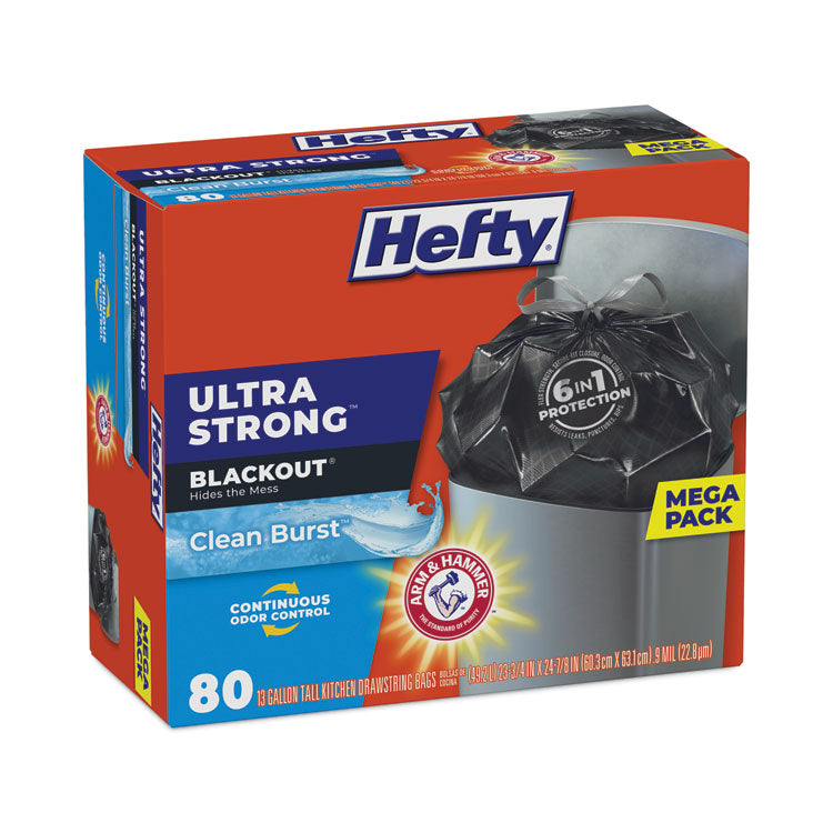 Ultra Strong BlackOut Tall-Kitchen Drawstring Bags, 13 gal, 23.75" x 24.88", Black, 80 Bags/Box, 3 Boxes/Carton